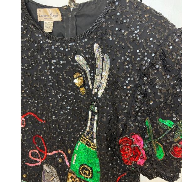 Vtg Lawrence Kazar Black Beaded Cocktail Top Blouse Silk XL Embellished - Picture 6 of 9